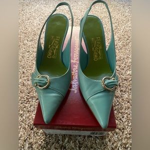 salvatore Ferragamo blue teal leather slingback heels in Box Size 6